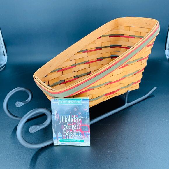 Longaberger Sleigh Basket Holiday With Wrought Iron Runner 16811 Woven Red Green - Picture 12 of 12